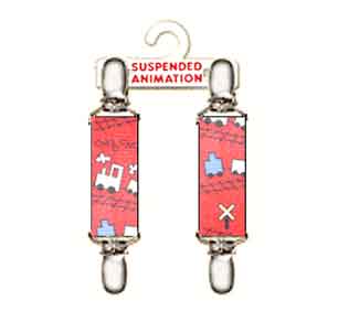 Mitten clips with toy trains on red design